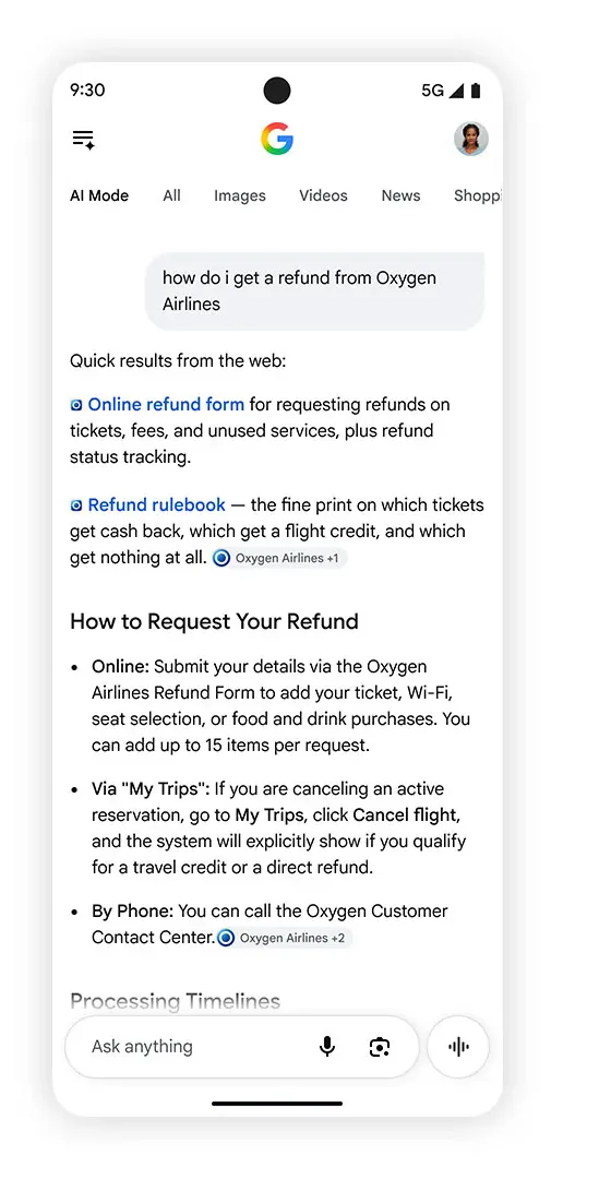 Google 官方演示图:在 AI Mode 里询问航空公司退款,回答顶部的“Quick results from the web”区块直接列出这家航空公司官方网站的退款表单和退款规则链接(图片来源:Google 官方博客)