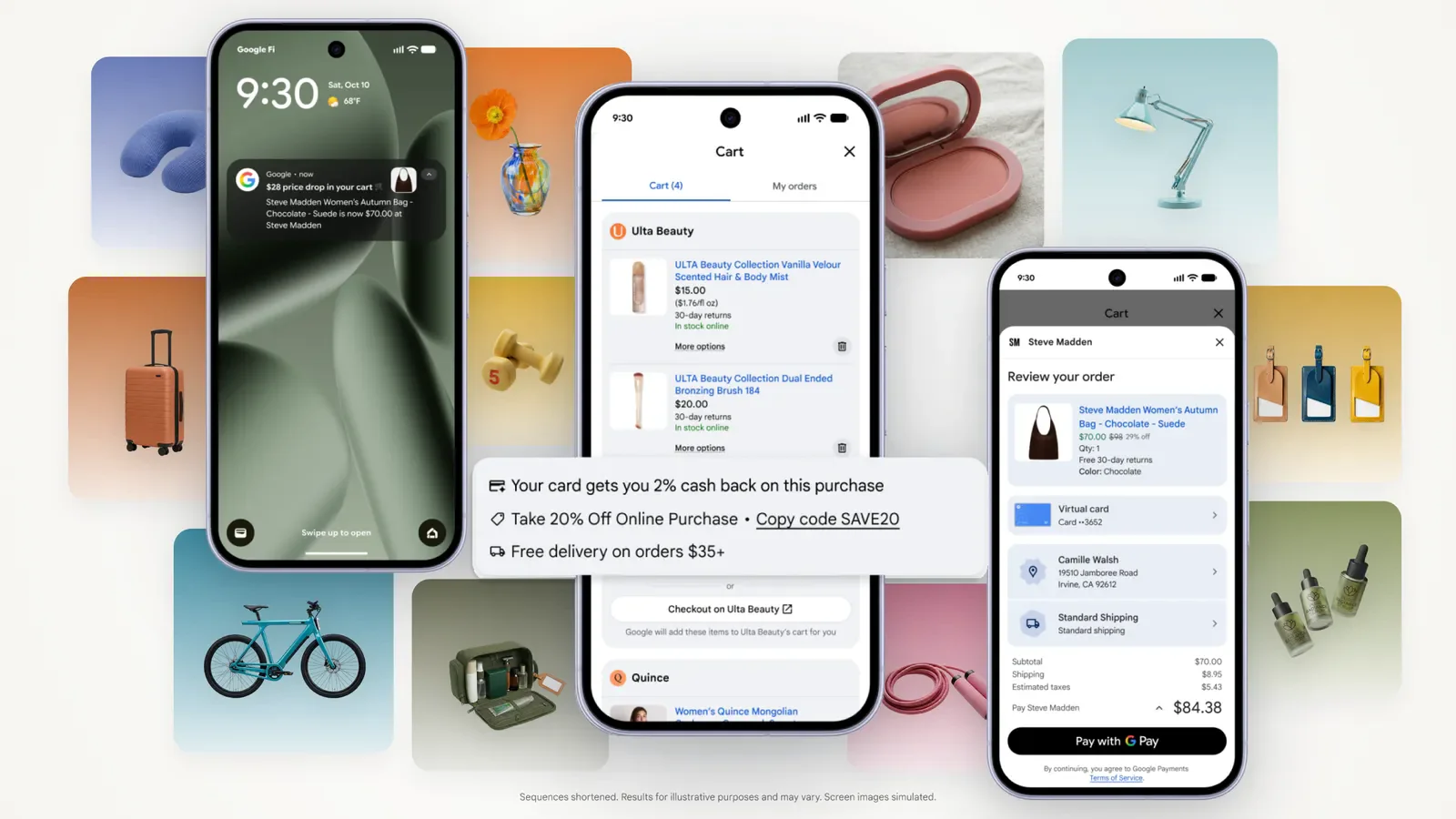 Google 官方演示图:手机锁屏收到购物车商品降价提醒,Universal Cart 里放着多家零售商的商品并显示信用卡返现和优惠码,也可以选择到商家网站结账,右侧是用 Google Pay 直接付款的订单确认页(图片来源:Google 官方博客)
