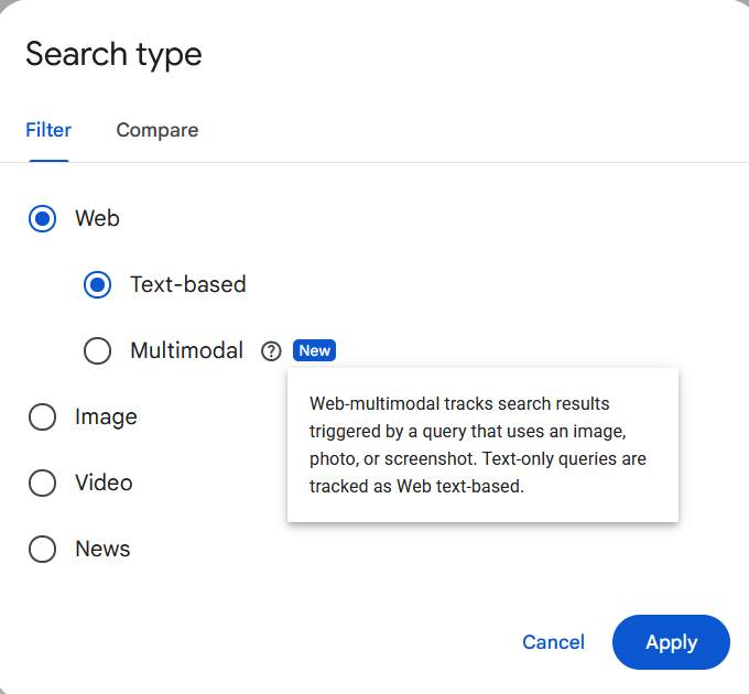 GSC search type filter: Web is split into Text-based and Multimodal; the tooltip explains that multimodal tracks results triggered by a query that uses an image, photo or screenshot (Image source: Tauqueer Aziz on X, via Search Engine Roundtable)
