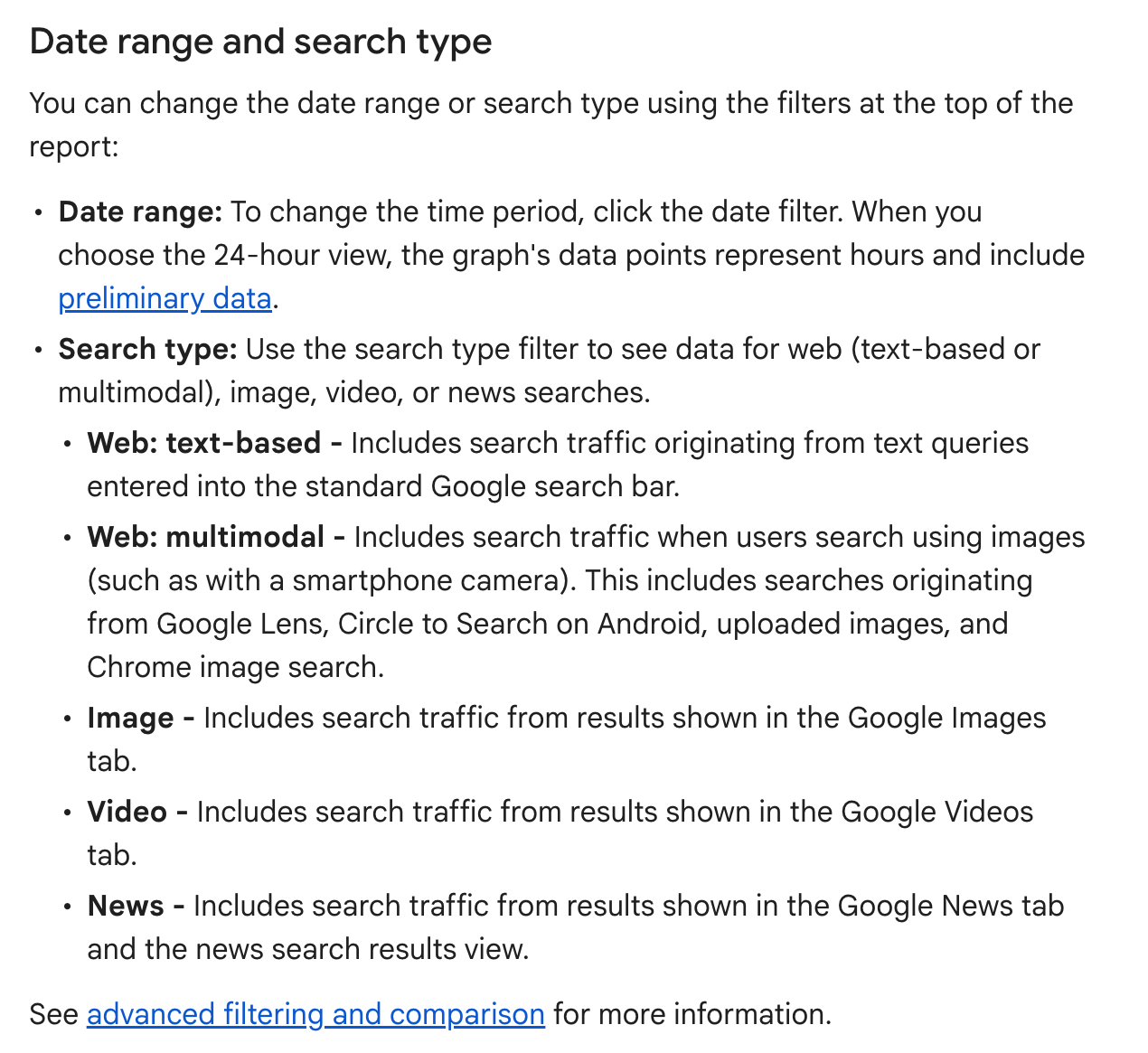 The Search Console help center's search type definitions after the September 29 update (captured September 30)