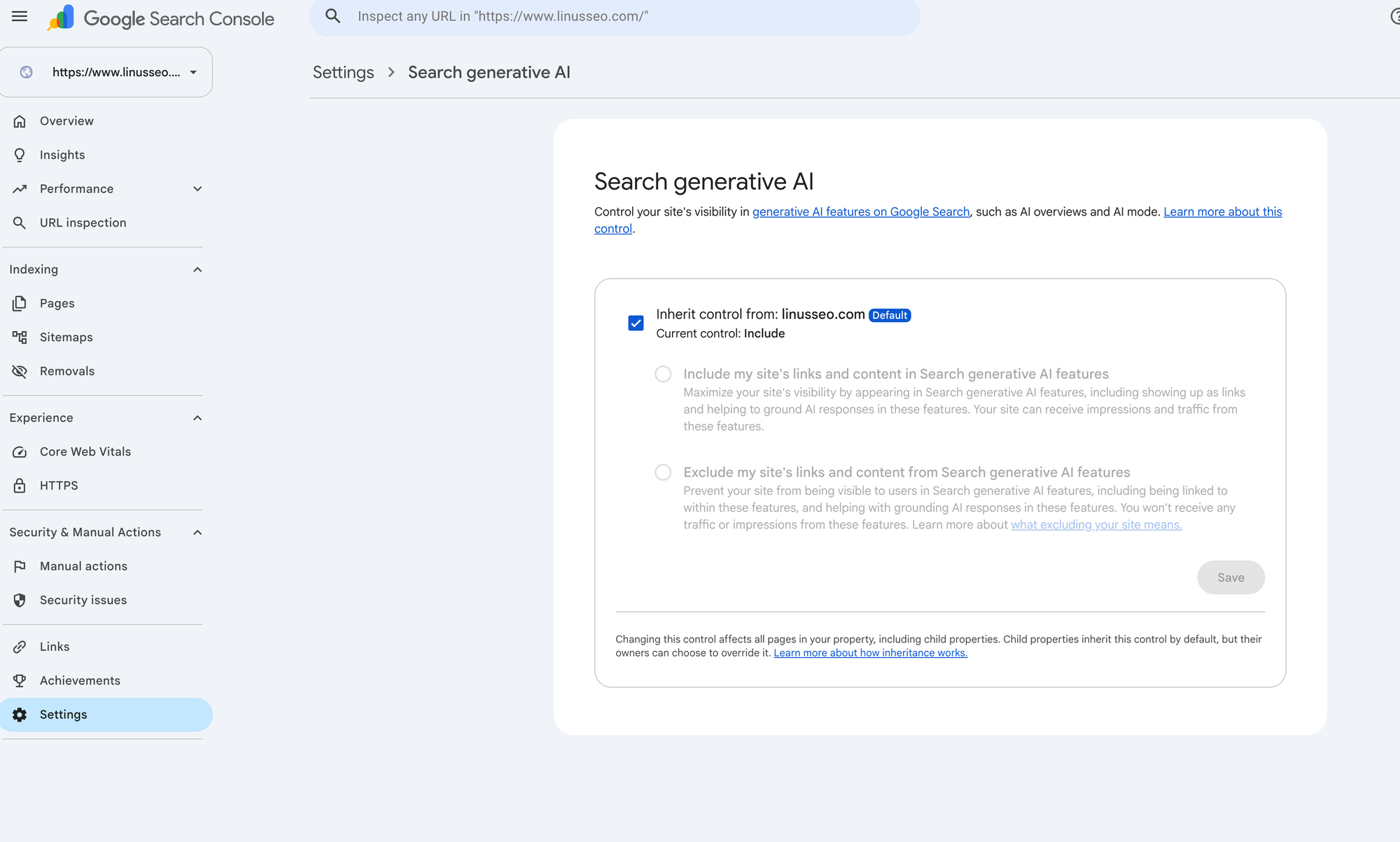 The Search generative AI control in GSC Settings, inheriting the domain property's setting by default, currently set to Include